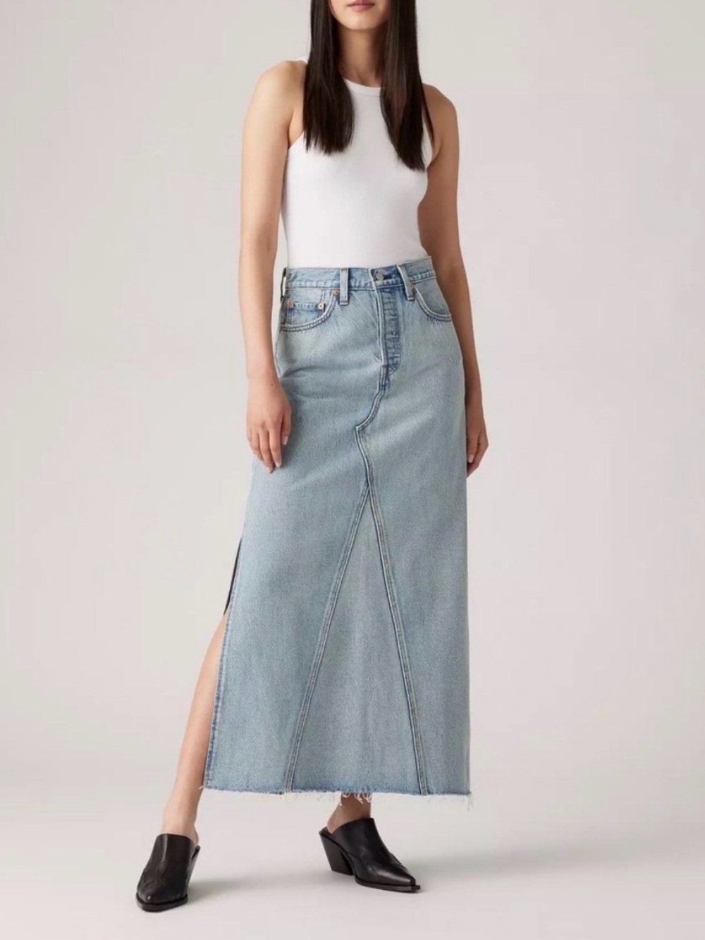 Levi's Icon Light Wash Denim Maxi Raw Hem Skirt - Size 28